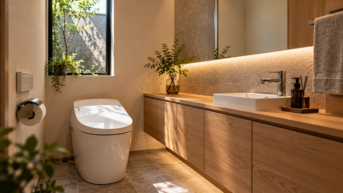 タンクレストイレと手洗いカウンターのある落ち着いたトイレリフォーム施工例